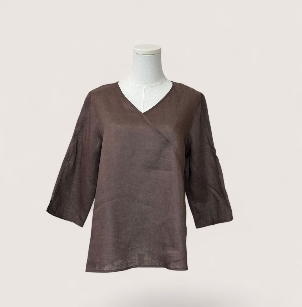 Caroline Rose Top SP Brown 100% Linen Tunic Petite Sheer Wrap V Neck Blouse USA